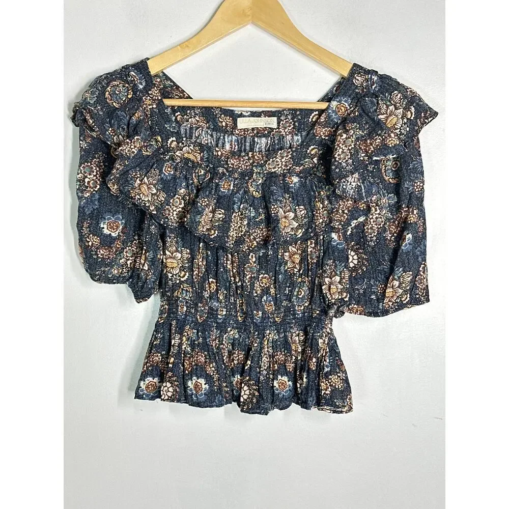 Ulla Johnson Warner Top Floral Puff Sleeve Peplum Babydoll Top Dark Blue 2